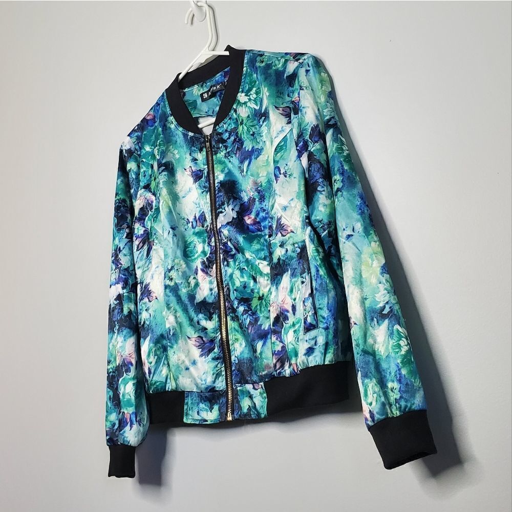 Allegra K Medium 90’s Floral Print Jacket Blue Green Rose Zip Up Lightweight